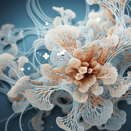 white iridescent flowers, resembling detailed science fiction illustrations, feature a captivating blend of light orange and cyan hues. these organic forms by mike campau showcase twisted tangles and realistic hyper-detail, reminiscent of cellular formations. ai generatedの素材