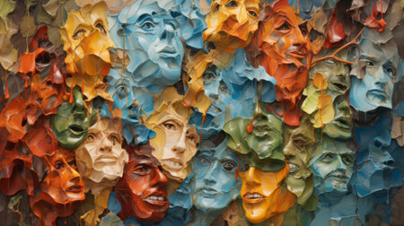 a vibrant collection of paper faces adorns the wall, inspired by the artistic styles of peter gric, frieke janssens, and distorted realism. these surreal theatrics capture trapped emotions through impressionist colorism and the mesmerizing paint dripping technique. ai generatedの素材
