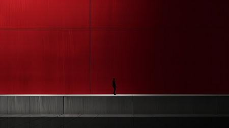 a person stands on an empty plate in a crimson and black color field minimalism style. the minimalist background, reminiscent of akihiko yoshida and dariusz klimczak's urban landscapes, creates a striking visual. this high-resolution photo captures the simplicity and boldness of the scene in 8k resolution. ai generatedの素材