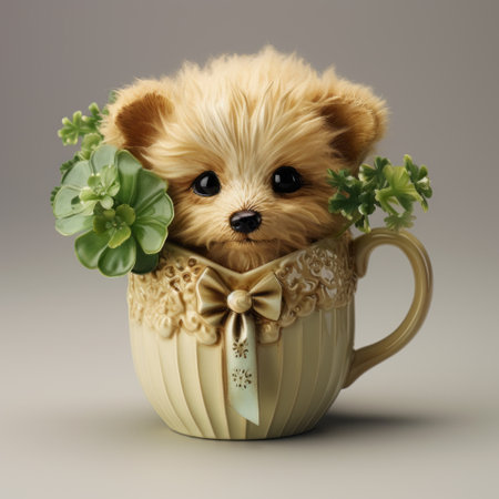 a teddy bear, made of plastic, sits inside a tea cup surrounded by plants. this hyper-detailed and realistic rendering showcases the simplified dog figures in a beige color palette. the uhd image captures the fawncore aesthetic, creating a whimsical and charming scene. ai generatedの素材