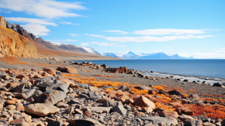 the photo captures the shattered rocks on the shore, resembling dark amber and sky-blue shards, creating an expansive landscape. the image showcases a blend of silver and red tones, reminiscent of 20th-century scandinavian style. the composition evokes a sense of the northern and southern dynasties, while the use of the topcor 58mm f14 lens enhances the saturated pigment pools. ai generatedの素材