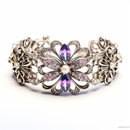 the bracelet features exquisite purple blossoms, showcasing a distinct stylistic range. rendered in cinema4d, its design draws inspiration from arabesque patterns and crystalcore elements. the ornate detailing reflects the influence of dansaekhwa art, while the light bronze and silver tones add a touch of elegance. ai generatedの素材