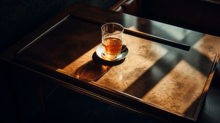 glass of beer on old wooden table, capturing the play of light and shadow. juxtaposing japanese photography with american barbizon school, this image showcases the dark amber hue of the beer. a blend of documentary travel photography and refined elegance, the distinct framing adds depth to the composition. ai generatedの素材