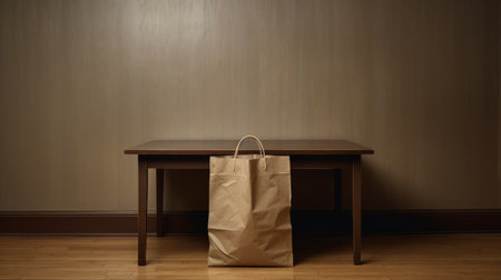 a paper bag, in the style of grocery art, sits next to a table on a grey wooden floor. this minimalistic japanese-inspired installation evokes working-class empathy. the brown bag, life-sized and made of fabric, pays homage to the american barbizon school. ai generatedの素材