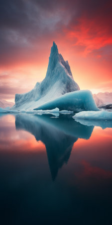 an iceberg floating in the arctic waters, surrounded by a vibrant red sky. this stunning image captures the essence of reflex reflections and futuristic landscapes, with its soft focus lens, sharp angles, and contrasting colors of dark turquoise and light orange. it showcases the beauty of the arctic environment, making it a captivating piece of environmental portraiture. this uhd image is a visual treat forの素材