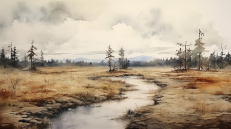 a watercolor painting of the countryside featuring trees and a stream, inspired by the style of brian mashburn. this uhd image captures the essence of expansive landscapes, reminiscent of tyko sallinen's wilderness scenes. the lively coastal landscapes, reminiscent of david nordahl's work, add depth and vibrancy to this stunning artwork. ai generatedの素材