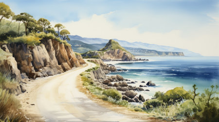 a watercolor painting of a lively coastal landscape featuring the ocean and a road in the distance. this delicately rendered artwork, in the style of elba damast and andrew hem, showcases high detail and captures the beauty of the scenery. created using a pentax 645n camera, this piece evokes the vibrant coastal landscapes often depicted by peter sedgley. ai generatedの素材