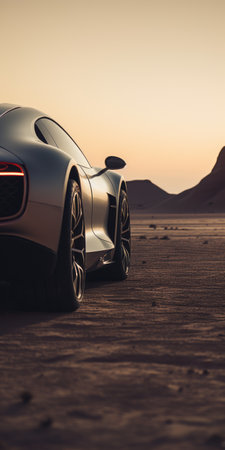 the porsche f1 concept car stands out in the desert landscape, captured through the serene atmospheric perspective of a ricoh gr iii camera. the shimmering metallics of the car's body reflect the sunlight in a captivating way, while the backlit photography technique adds depth and drama. the textured surfaces of the desert and the car create an intriguing contrast, reminiscent of the artistic style ofの素材