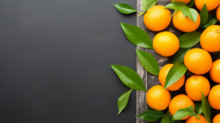 tangerines displayed on leaves against a black background, featuring minimalist style, bright color blocks, rustic simplicity, and distinct framing. inspired by advertisements, this photo showcases traditional elements with exacting precision. ai generatedの素材