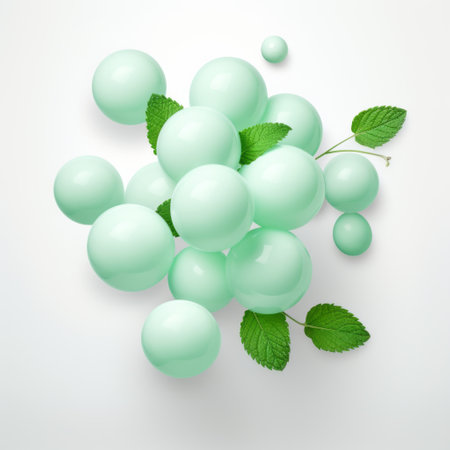 a bunch of green berries and leaves on a white background, resembling spherical sculptures. the design showcases elements of neo-plasticism with clear, crisp colors such as light pink, light azure, light turquoise, and light white. the lighting adds a touch of realism to this visually appealing graphic composition. ai generatedの素材