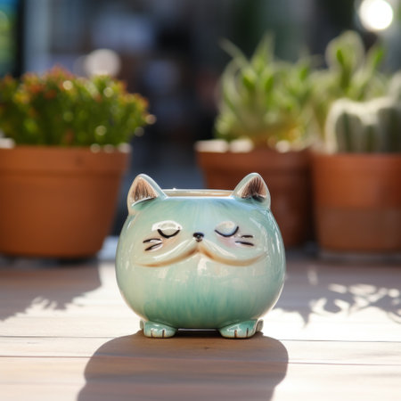 czech pot with cat figurine sits on a table surrounded by various potted plants. the pot features a light sky-blue and dark green color scheme, creating a visually appealing contrast. the photograph, taken with fujifilm eterna 400t film, highlights the cat figurine's facial expression. the solarizing master technique adds a unique touch, while the chinapunk style and selective focus enhance the overall composition. the luminousの素材