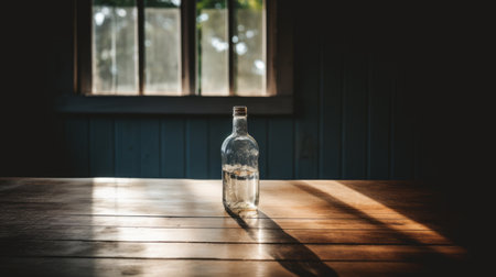 a retro vintage-style bottle of water is placed on a table near a window, showcasing elements of american tonalist art. this composition incorporates social commentary, rural life scenes, and a play with light and shadow. the image also explores the concepts of long distance and deep distance, while maintaining a contemporary diy aesthetic. ai generatedの素材