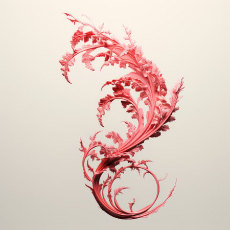 a swirling rose depicted in 3d graphics, showcasing intricate feather-like details reminiscent of rococo-inspired minimalist paintings. the rose is composed of delicate vines, ink-washed in shades of light red and pink, resulting in graceful and sculptural aesthetics. ai generatedの素材