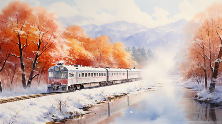winter train on track in japanese-style landscape. watercolor technique with warm colors. realistic and hyper-detailed renderings, including detailed foliage and hyper-realistic water. classic japanese simplicity shines through. ai generatedの素材
