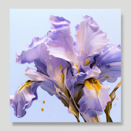 a photorealistic composition of a painting featuring an iris with yellow leaves against a blue sky border. the artwork showcases fluid movements with light gray and violet tones, creating a glossy finish. delicate flowers in light purple and gold hues complement the graceful sculptures depicted in the painting. ai generatedの素材