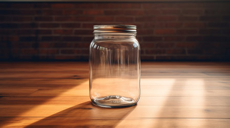canola jar with shadow on wooden table, featuring a glassy translucence. this high-resolution image captures the object-oriented design, with a touch of webcore and smilecore aesthetics. the sparse and simple composition is enhanced by the sabattier filter, creating a visually striking and unique photograph. ai generatedの素材