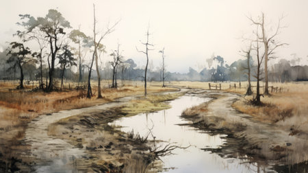 a hyper-realistic watercolor painting capturing a path in an open area surrounded by trees. this stunning artwork showcases decaying landscapes and the beauty of australian landscapes. created using the hasselblad h6d-400c, it depicts a serene rural life with layered and atmospheric landscapes. the painting also highlights the mesmerizing reflections on the water surface. ai generatedの素材