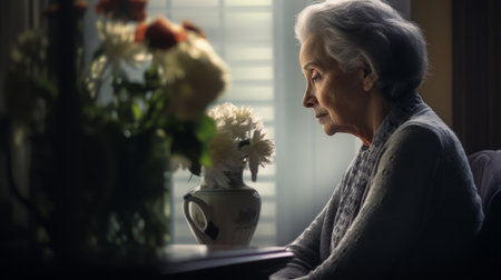 an older woman, captured in 8k resolution, is seen gazing out of a window, immersed in the beauty of a tranquil gardenscape. the photograph, inspired by the style of realistic still lifes, showcases dramatic lighting and emotional sensitivity. the color palette of gray and aquamarine adds a touch of serenity to the scene. this tabletop photography piece draws inspiration from the works of algernon blackwood.の素材