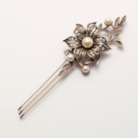 a buddha hair pin made of silver and adorned with pearls, designed in the style of floral still-lifes from the aesthetic movement. this unique piece showcases unpolished authenticity and was commissioned for its light gold and silver tones. the delicate lines and tondo shape add to its exquisite charm. ai generatedの素材