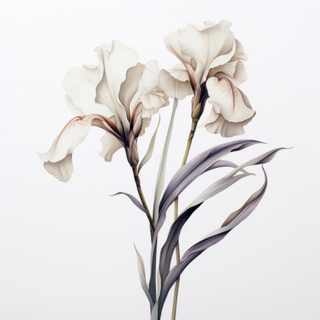 two irises with purple leaves are showcased on a white background, featuring a soft and muted color palette. the image exudes an ultra-realistic feel, with a combination of dark white and light beige tones. the arrangement is vibrant and colorful, while maintaining a monochromatic imagery. the overall aesthetic is reminiscent of the baroque era, with a focus on delicate materials. ai generatedの素材