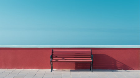 yellow walls provide a vibrant backdrop for a bench on a wooden deck. the style of the scene is characterized by light sky-blue and crimson accents, showcasing a conceptual minimalism approach. captured with a rodenstock imagon 300mm f58 lens, the image evokes the essence of mediterranean landscapes. dark aquamarine and crimson hues add depth to the streetscape, creating a minimalist and monochromatic aesthetic. ai generatedの素材
