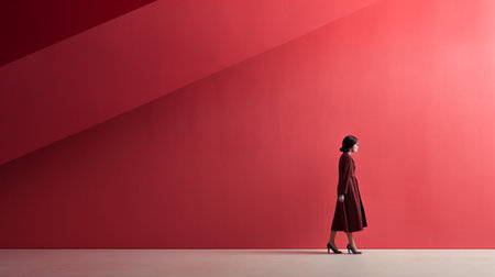 a woman stands gracefully in front of a vibrant red wall in this abstract photo. the image captures the essence of classic japanese simplicity, with a touch of monochromatic minimalism. rendered in cinema4d, the photo showcases dramatic diagonals and timeless grace. with its 8k resolution, the monochromatic hues come to life in stunning detail. ai generatedの素材