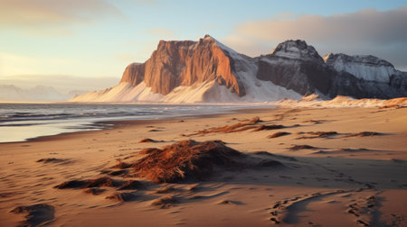 the photo captures a breathtaking scenery where the atlantic ocean merges seamlessly with the land. the vray tracing technique enhances the beauty of this national geographic photo, showcasing a palette of light orange and beige. the snow-covered scenes feature spiky mounds, creating a striking contrast between light and shadow. the overall effect is reminiscent of a firecore. ai generatedの素材