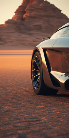 a car concept art render featuring a lamborghini, showcasing a close-up intensity. the design is inspired by the desertwave aesthetic, with a polished concrete background. the use of a telephoto lens captures the details with precision. the innovative techniques employed in this artwork include rim light and solarizing master effects. ai generatedの素材