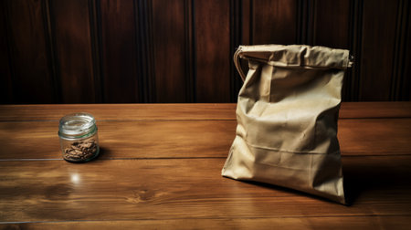 a cup of cereal sits next to a brown bag, showcasing distressed and weathered surfaces. the composition is reminiscent of the style of donald judd, with selective focus highlighting the details. the installation creator, inspired by filippino lippi, incorporates elements of absinthe culture. ai generatedの素材