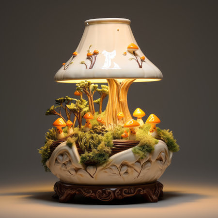an old lamp sits in a dark room, surrounded by fake grass and mushrooms. this delicately rendered landscape, in light beige and orange hues, evokes the style of ceramicist storyteller lorenz hideyoshi. the scene is reminiscent of fantastic creatures and the ming dynasty, as captured by photographer mike campau. ai generatedの素材