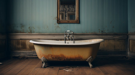 a haunting atmosphere is captured in this photo of a bathroom with a bathtub. shot by joel robison using the tokina opera 50mm f14 ff lens, the image showcases a dark teal and amber color scheme. the torn and distressed edges add to the overall aesthetic, reminiscent of the works of eastman johnson. the use of precious materials further enhances the ambiance. ai generatedの素材