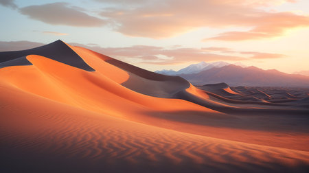 a stunning image of desert dunes with a captivating background. the dunes, in light orange and violet hues, create a mesmerizing scene reminiscent of nature-inspired imagery. the mountainous vistas add depth to the precisionist art style. the use of vray tracing enhances the beauty of this breathtaking composition, featuring a harmonious blend of light navy and orange tones. ai generatedの素材