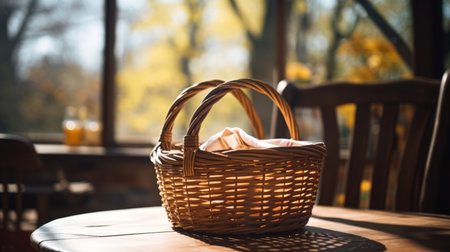 basket sitting on wooden table next to tree, capturing contrasting light and shadow in a soft focus romantic style. shot with tokina opera 50mm f14 ff lens, the image showcases a palette of light yellow and orange tones. the composition, by alfred kelsner, exudes a light and airy atmosphere, reminiscent of an applecore. ai generatedの素材