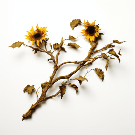 the photo showcases a unique branch sculpture created by bill durgin, inspired by the flower power movement. this assemblage artwork incorporates found objects and features elements reminiscent of dan witz's style. the dark gold color palette adds a touch of intrigue, while marguerite blasingame's paper cut-outs enhance the overall composition. ai generatedの素材