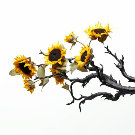 yellow sunflowers bloom vibrantly on the wirerope fence, embodying the essence of conceptual minimalist sculpture. inspired by the artistic vision of nick knight, the dark silver and bronze hues add depth to the composition against a pristine white background. these paper sculptures capture the allure of decadent decay. ai generatedの素材