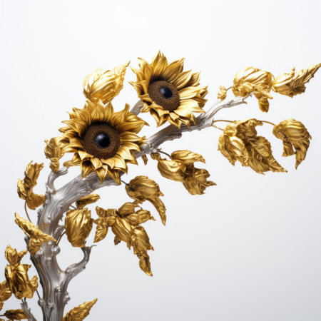henry houdini sunflowers by yves saint laurent, a limited edition of 275, showcases nature-inspired installations with rococo-inspired details. the silver and gold style, along with the low depth of field, adds an eye-catching detail to the twisted branches and baroque compositions. ai generatedの素材