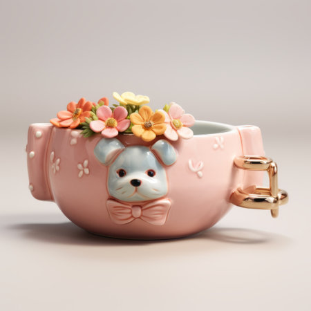 a decorative pink dog head clay bowl, featuring a detailed character design by miwa komatsu. this uhd image showcases the bowl's romantic and nostalgic themes, created using vray tracing techniques. the design, crafted by marguerite blasingame, captures the charm and whimsy of the dog head bowl. ai generatedの素材