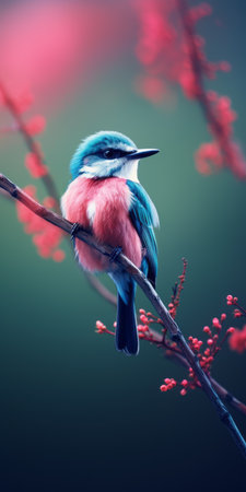 a tiny blue bird perched on a branch amidst pink flowers. this photo, created in the style of zbrush, showcases a saturated color scheme and employs photo-realistic techniques. the light emerald and red hues enhance the beauty of the scene. the attention to detail in the animal's fur and feathers is remarkable. ai generatedの素材