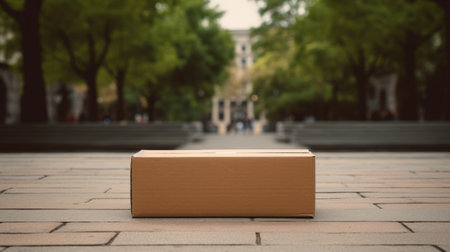 a brown package sits on the front yard, surrounded by a bokeh panorama. this urban exploration-style photograph captures the essence of academicism and simple minimalism. the flat planes and tilt-shift effect add depth to the image, reminiscent of the artistic style found at yale university school of art. ai generatedの素材
