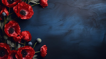 red poppies bloom against the backdrop of a stunning dark stone wall. the wall features a captivating blend of dark navy and dark indigo shades, complemented by varying wood grains. the overall aesthetic is minimalistic, with elegantly formal and festive elements. this composition exudes the essence of american tonalist art, with a touch of dark black and light azure hues. ai generatedの素材