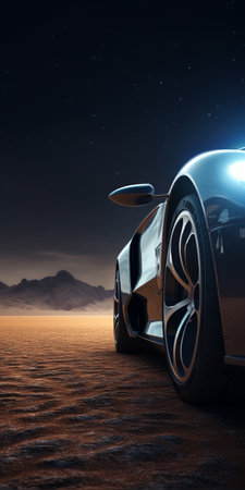 a car in the desert, surrounded by the vastness of the night sky, showcases its highly polished surfaces. this 8k 3d image captures the dark black and silver tones, highlighting its innovative and explosive pigmentation. with a performance-oriented design, this bold saturation innovator stands out amidst the desert landscape. ai generatedの素材