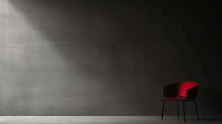 a red chair stands out against a dark brick wall in a simple interior. the photo captures the essence of minimalist black and white style, with a touch of ethereal minimalism. the high resolution of 8k enhances the details, showcasing the dark silver and dark gray tones. this composition evokes the influence of toyo ito and the neo-concrete movement. ai generatedの素材