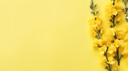 a stunning display of yellow flowers against a minimalist color field background. this high-resolution image showcases a minimalistic composition with a pastoral charm. the vibrant yellow hues of the flowers beautifully contrast with the bright background. the photo combines natural and man-made elements, creating a visually captivating scene. ai generatedの素材