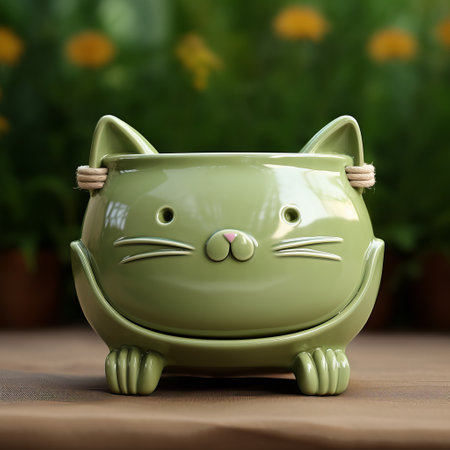 green flower pot with a cat sitting on top, rendered in cinema4d by tim shumate. this adorable ceramic creation showcases a soft-focus technique, bringing out the lively facial expressions of the cheerful cat. the vibrant colors and vray tracing add depth and realism to this delightful artwork. ai generatedの素材