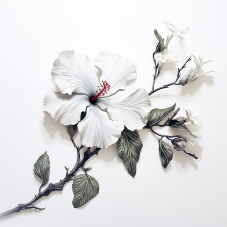 a white hibiscus, painted on a piece of white stock photo, showcases the hyper-realistic style of minimalist illustrators. this nature-inspired installation features darkly romantic illustrations with intricate foliage, resembling paper sculptures. the artwork combines realism with fantasy elements, creating a visually captivating piece. ai generatedの素材