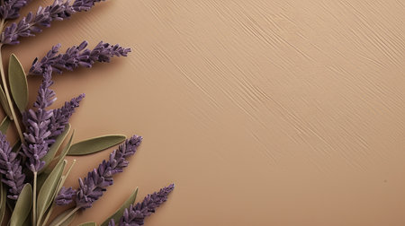 lavender branches and leaves on a brown background, minimalist color fields style stock photo. beige, high-quality image featuring colorful woodcarvings and flat backgrounds. captured with a webcam, showcasing flower and nature motifs. ai generatedの素材