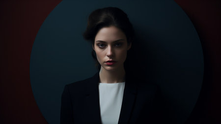 a black woman stands confidently in front of a striking blue circular wall, reminiscent of film noir style. this uhd image captures a realist portrait with delicate lines and dark tones, exuding understated sophistication. the composition evokes a sense of the northern renaissance, adding depth and intrigue to the overall aesthetic. ai generatedの素材