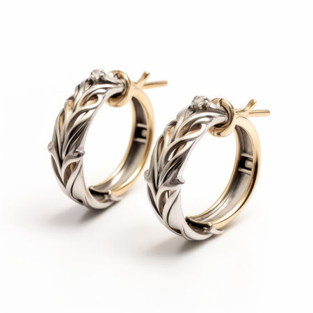 a pair of heather theurer style earrings featuring diamonds on the back. these earrings showcase a combination of light white and dark gold tones, embodying classic japanese simplicity. inspired by felix philipp kanitz, the design includes intricate foliage details with rounded shapes and a limited color range. ai generatedの素材