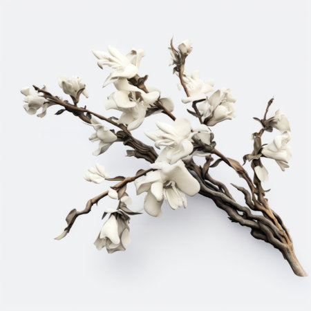 a tree with abundant white flowers stands against a white background, showcasing a hyperrealistic sculpture-like appearance. in the background, a twig hangs delicately from one of the branches. this matte photo captures the essence of deconstructed objects, reminiscent of the shang dynasty era. the high-resolution uhd image brings out the intricate details of the scene. ai generatedの素材