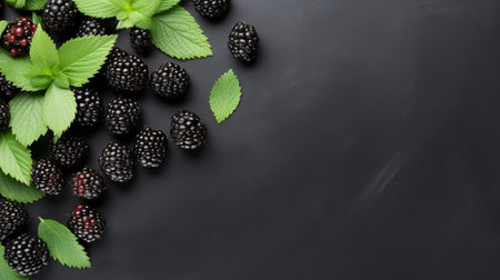 raspberries and leaves arranged on a black surface, providing ample copy space for writing. the background features a dark black and light aquamarine color scheme, reminiscent of edward poynter's style. the minimalistic objects, including light purple and light black hues, create a brooding mood, reminiscent of classic still-life paintings by alfred heber hutty. ai generatedの素材